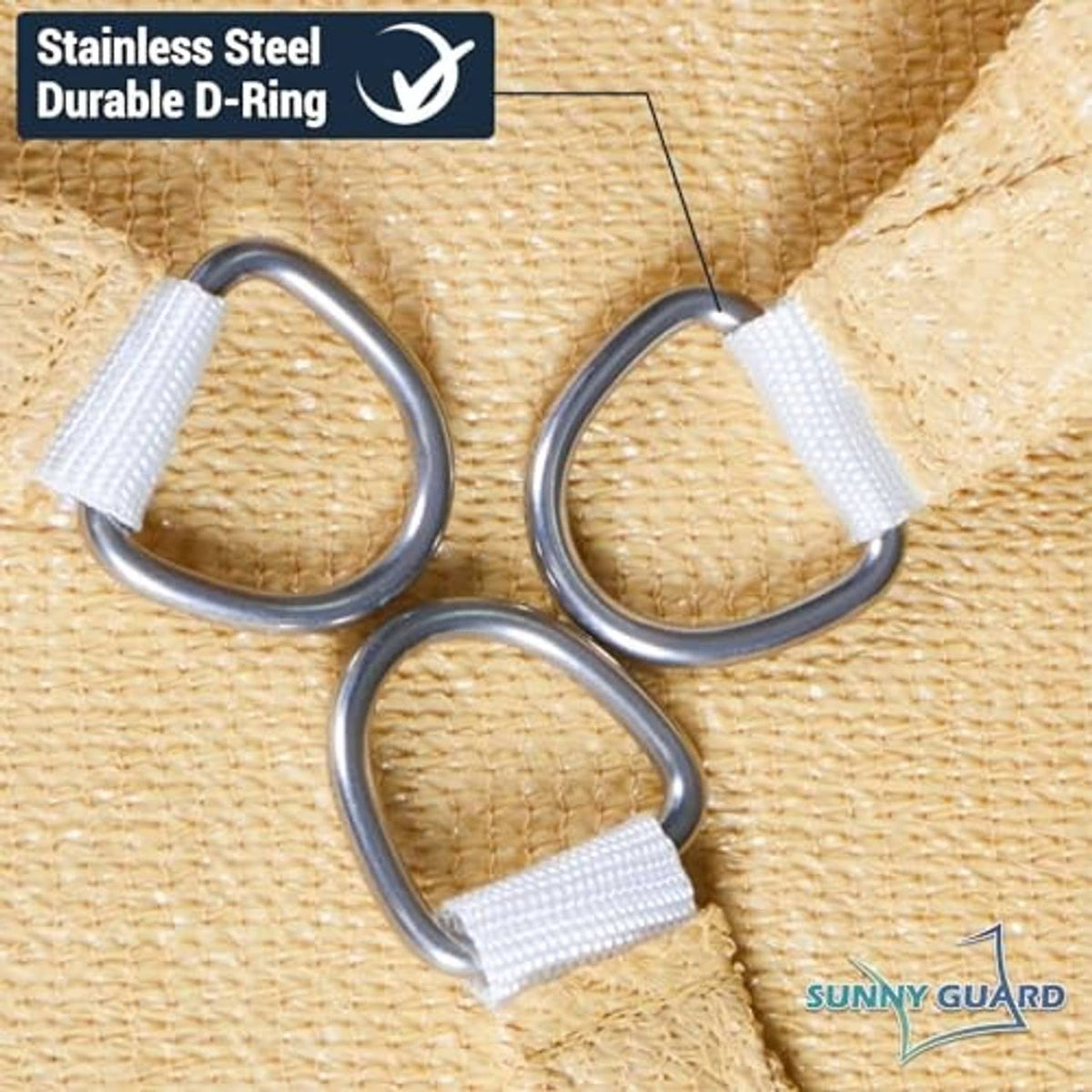 Sand shade sail with stainless steel D-ring corner connectors and webbing loops