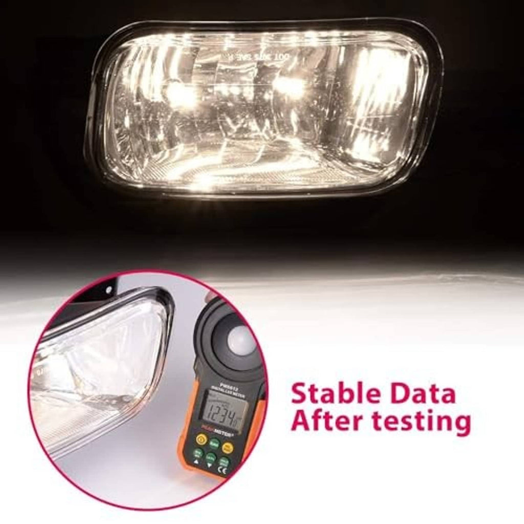 Single front fog light with clear lens, lit beam, and testing meter inset