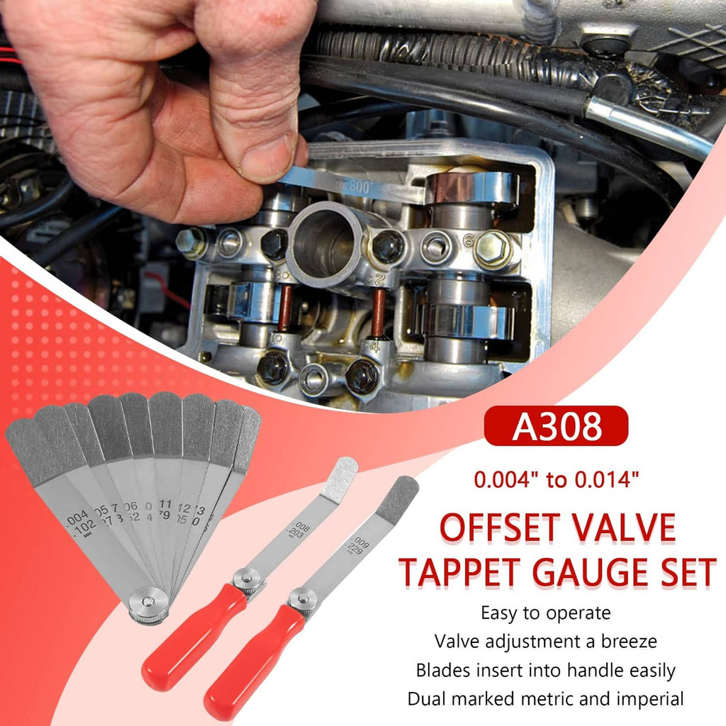 Valve tappet feeler gauge set in use on engine valve components; offset blades and handle