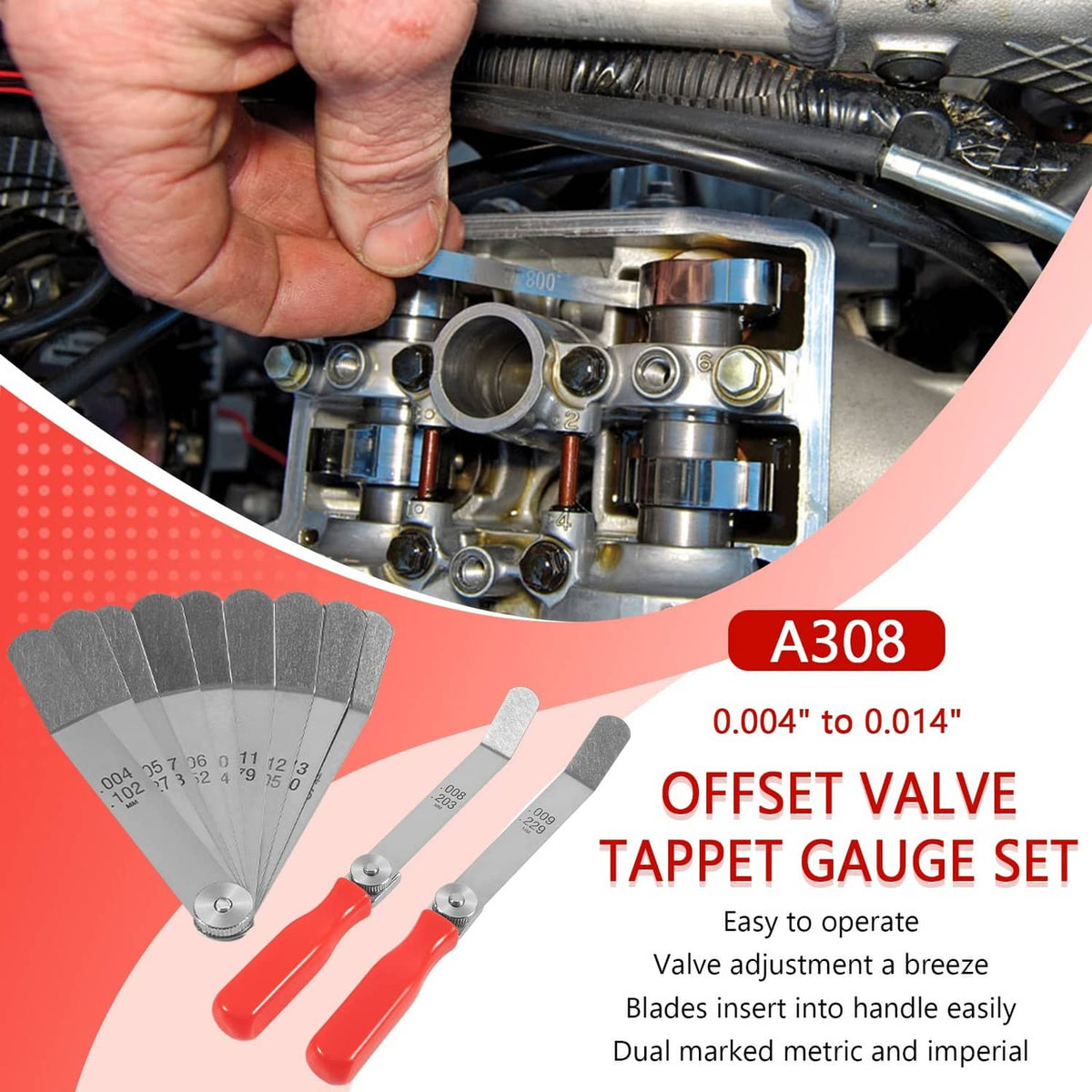 Valve tappet feeler gauge set in use on engine valve components; offset blades and handle