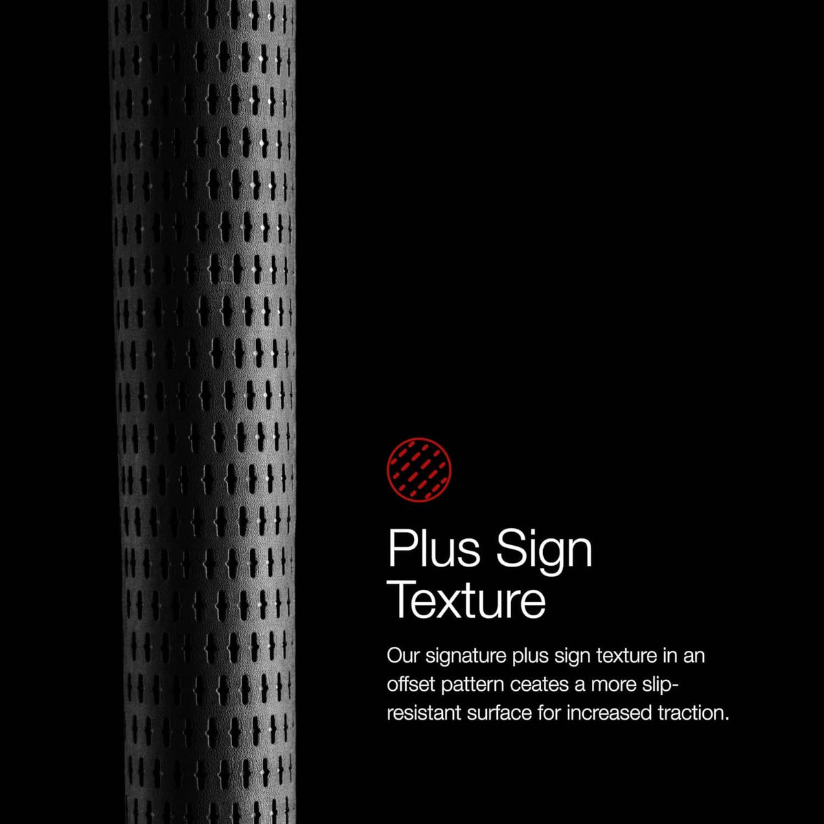 Black golf grip showing plus-sign style texture pattern on the surface