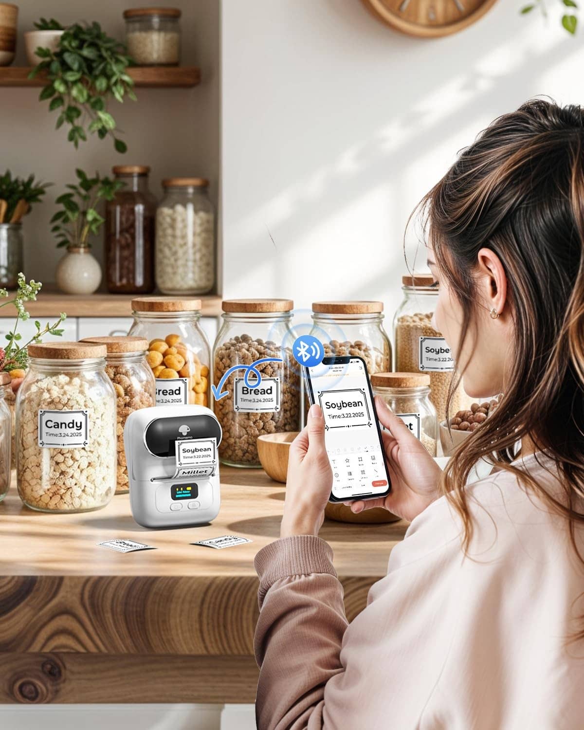 Portable label printer on a table beside jars, used with a smartphone