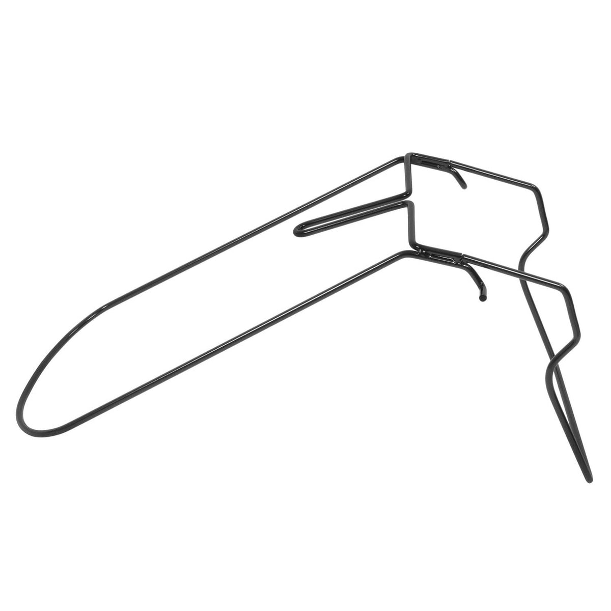 Black steel mower grass bag frame with support hooks and curved base rails