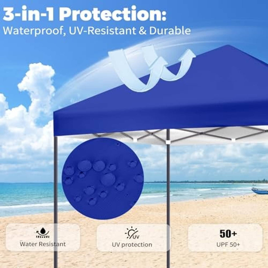 Blue canopy top cover with peaked roof and reinforced edge seams
