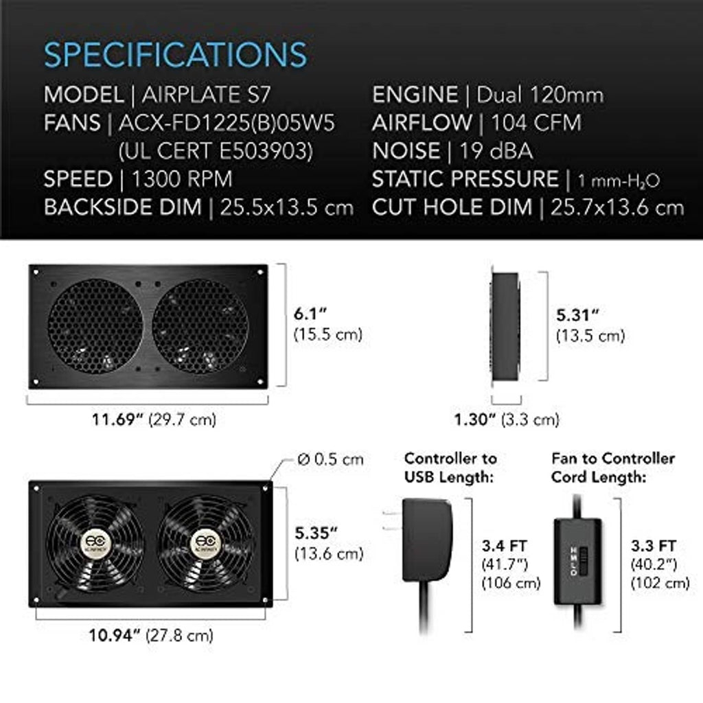 Cabinet fan unit with controller shown with dimension and airflow diagrams