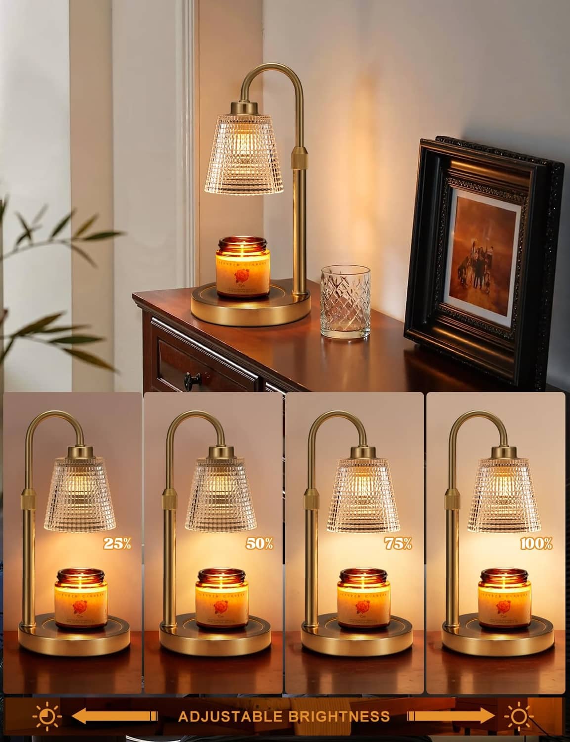Gold candle warmer lamp with glowing jar candle, lattice shade, and brightness control