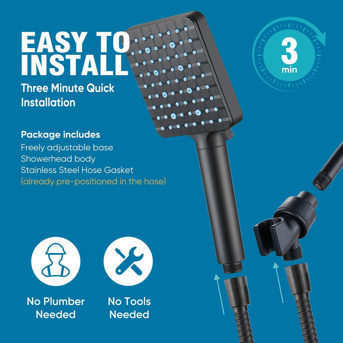Matte black handheld shower head with adjustable hose connection and included parts