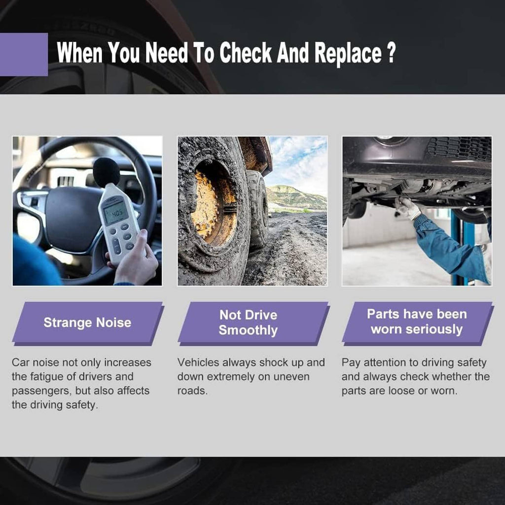 Control arm check and replace warning graphic with steering wheel, tire, and underside images