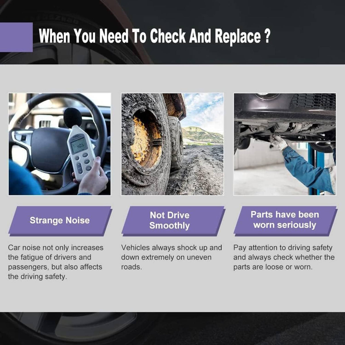 Control arm check and replace warning graphic with steering wheel, tire, and underside images