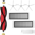 Robot vacuum spare parts set: red side brush, main brush, and two HEPA filters