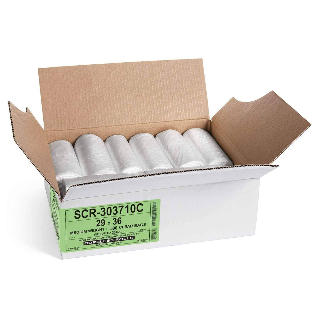 20–30 gallon clear trash bag roll box, medium weight, 500 count