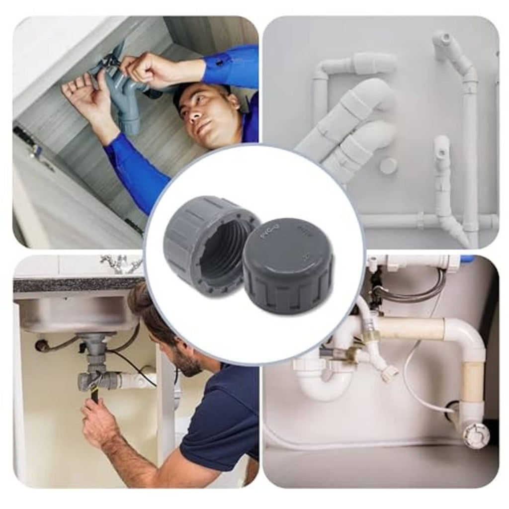 Grey PVC pipe end cap plug centered in circle, female thread opening
