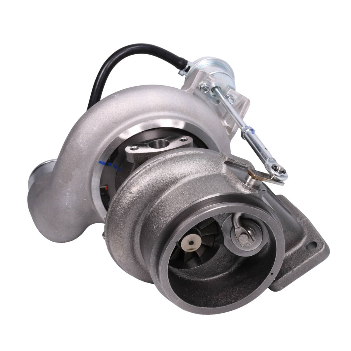 Turbocharger with visible compressor wheel housing and inlet outlet flange