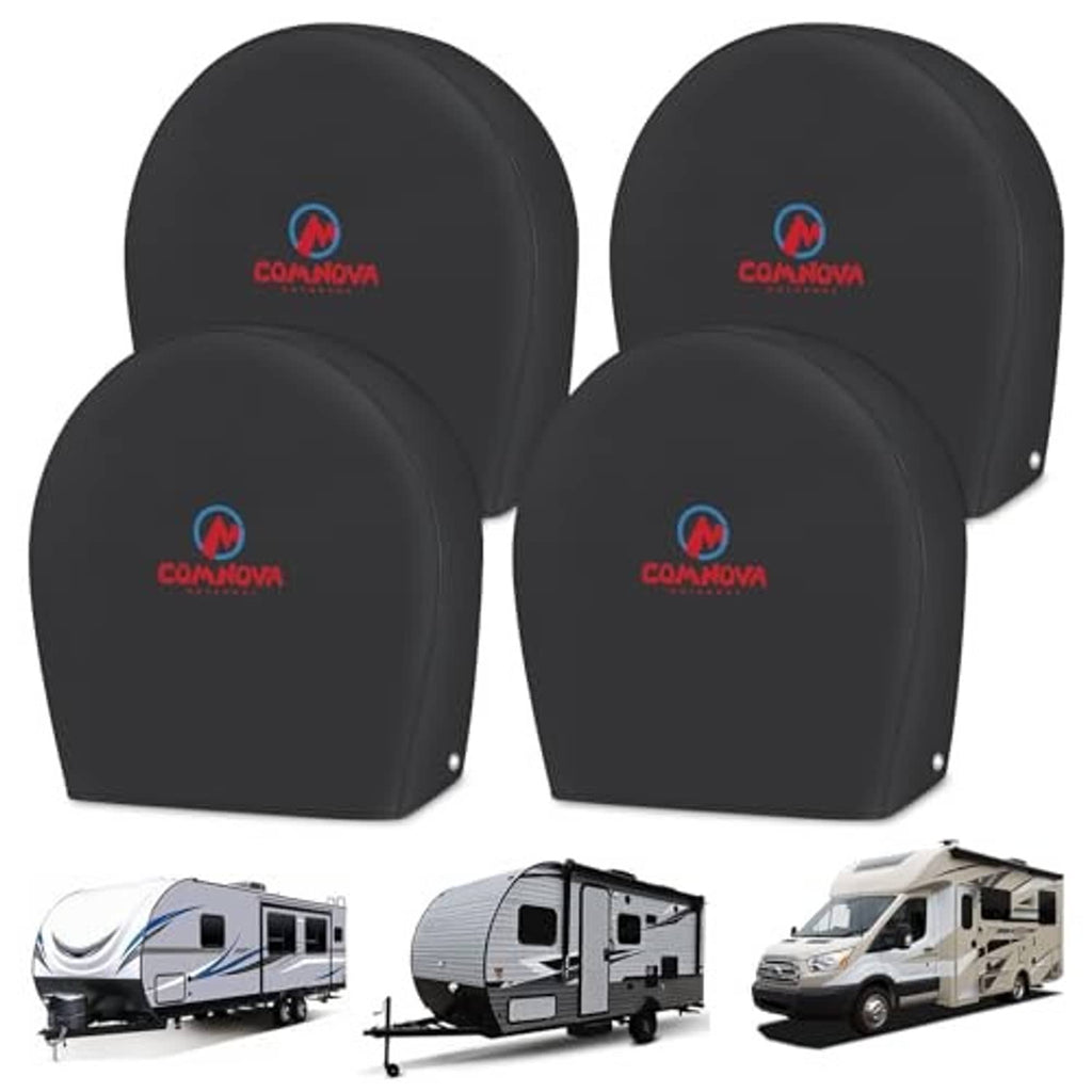 Set of four black RV tire covers for size S; domed covers with COMNOVA logo