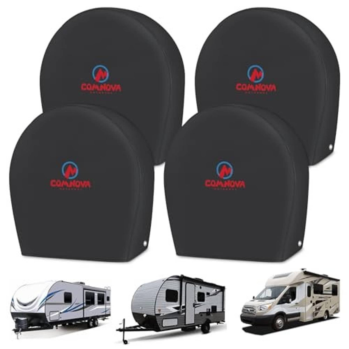 Set of four black RV tire covers for size S; domed covers with COMNOVA logo