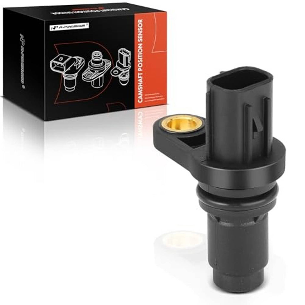Black camshaft position sensor angled view with gold contact ring and mounting stem