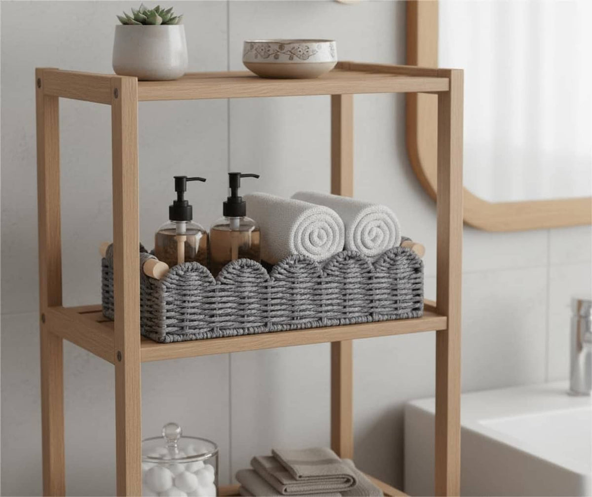 Grey woven toilet paper storage basket with scalloped edge and rope handle accents on stand.