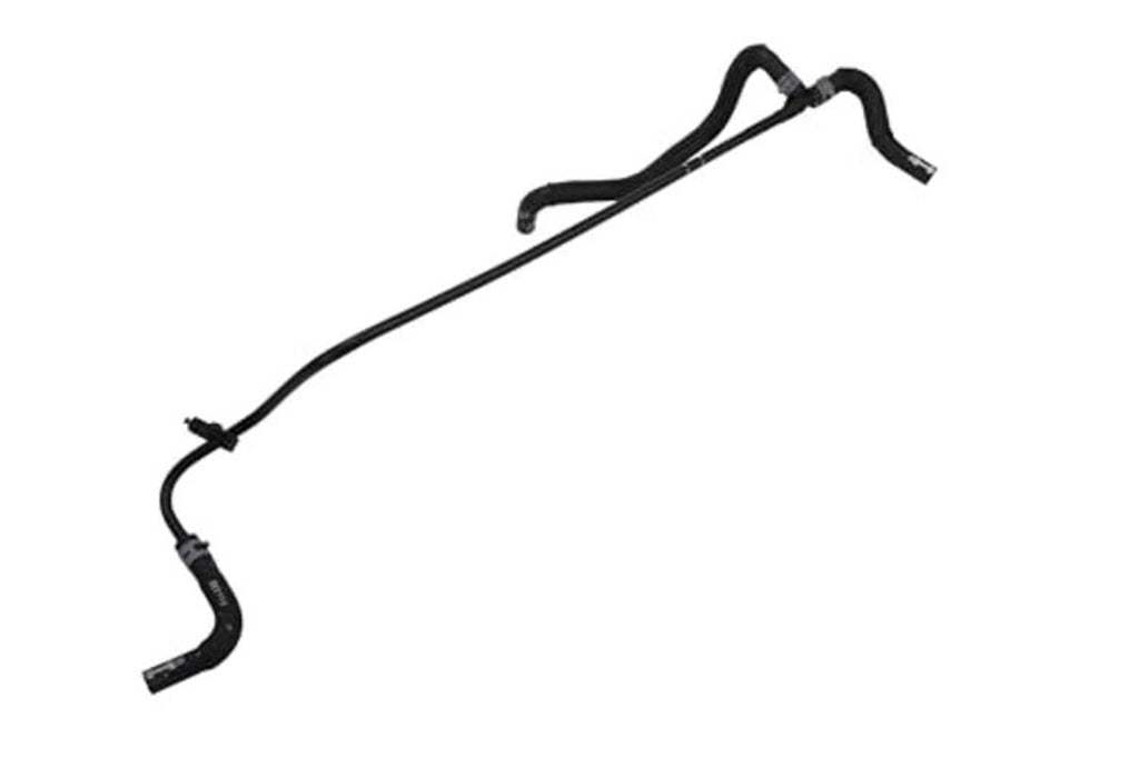 Engine coolant air bleed hose, black rubber tubing with curved sections and bracket clips