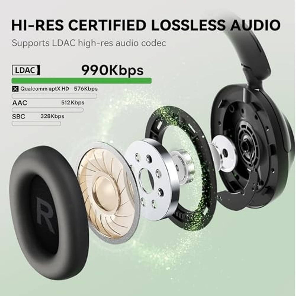 Black over-ear headphones with multiple speaker drivers shown around the earcup