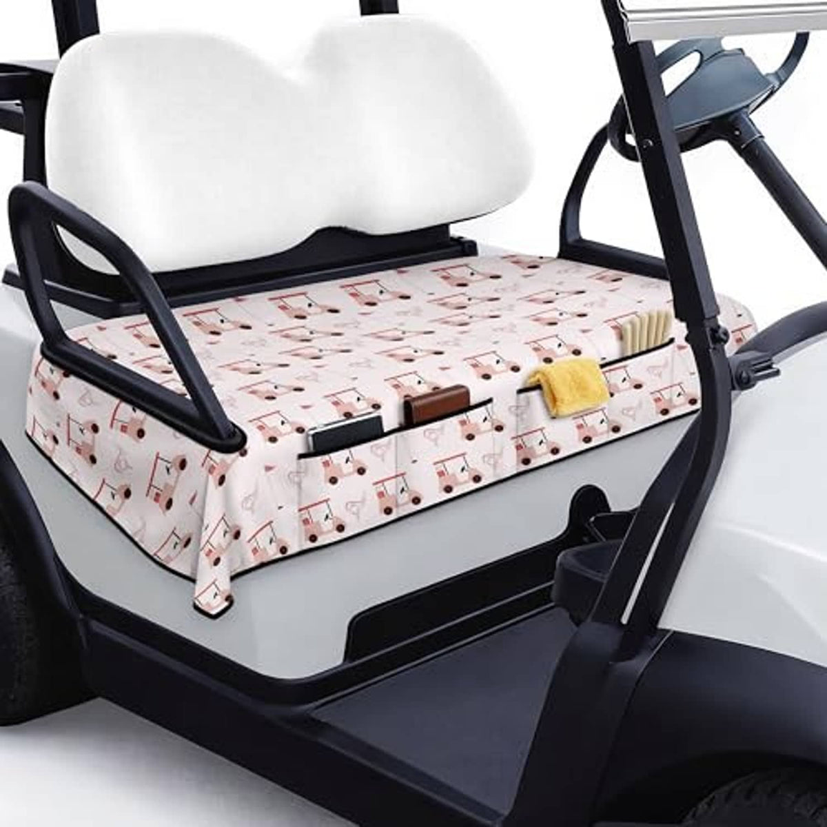Pink patterned golf cart seat cover on front bench, showing cart icon print