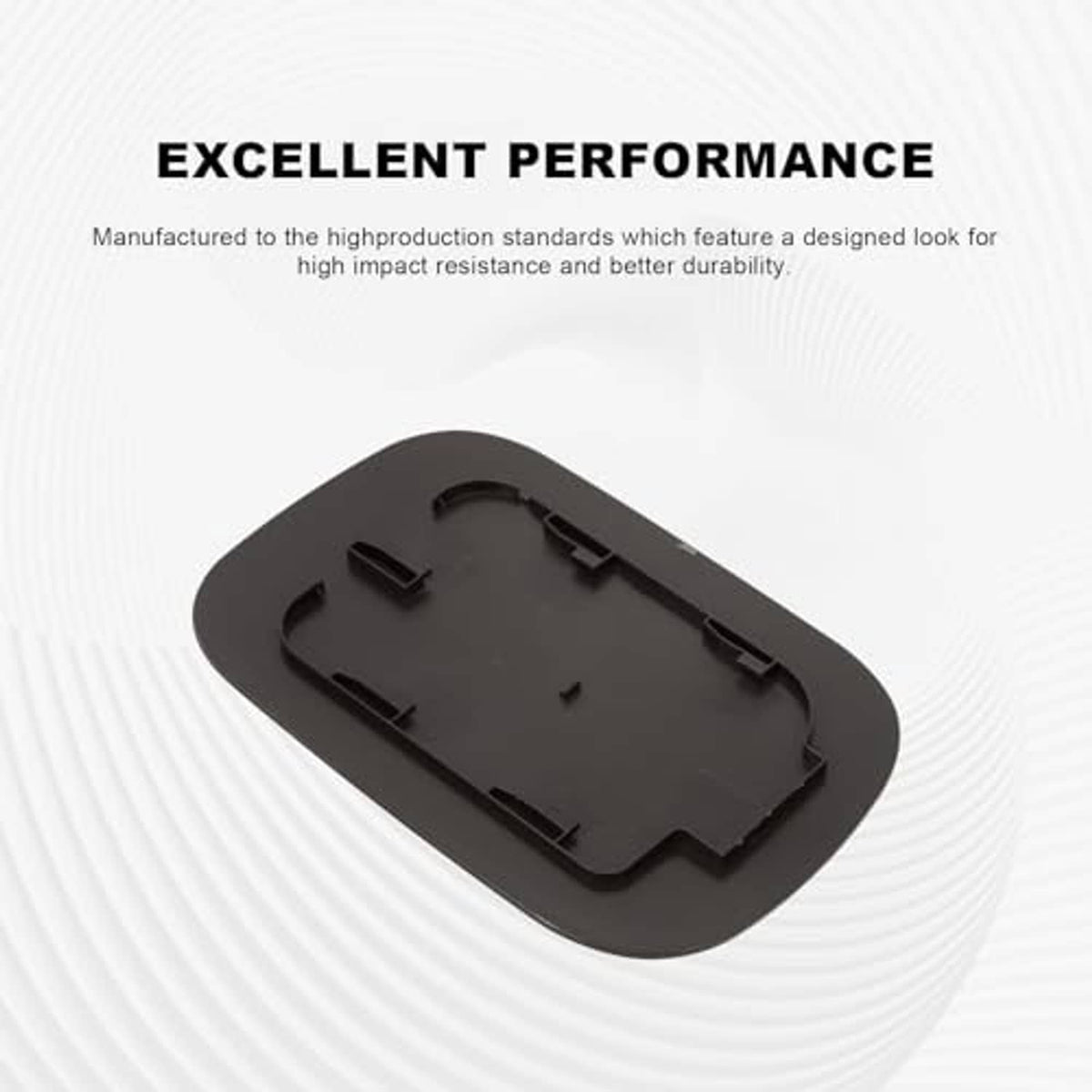 Black fuel tank filler door underside with molded mounting clips, oval shape