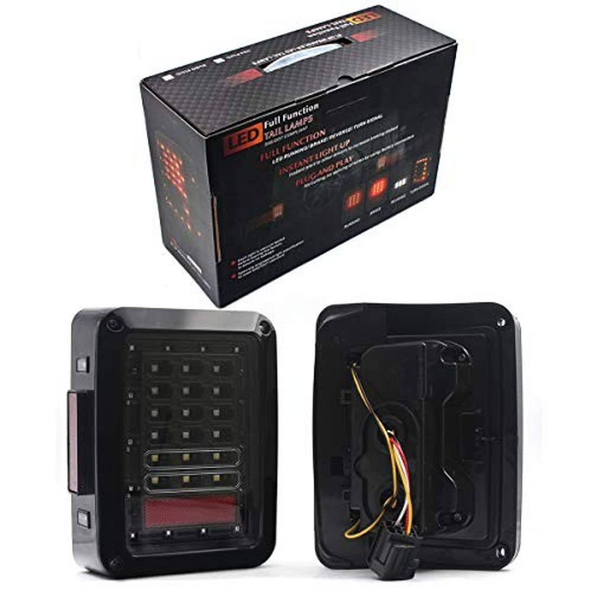 Packaged LED tail light set with black housings, front and rear views