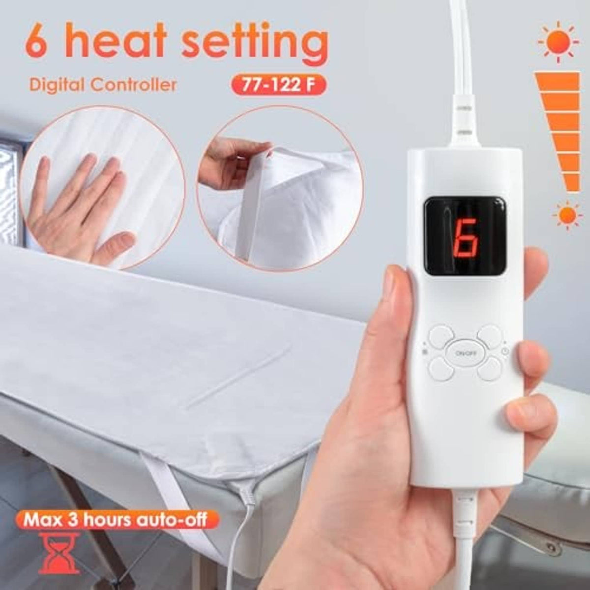 Electric heating pad controller on white pad, digital display showing heat level 6