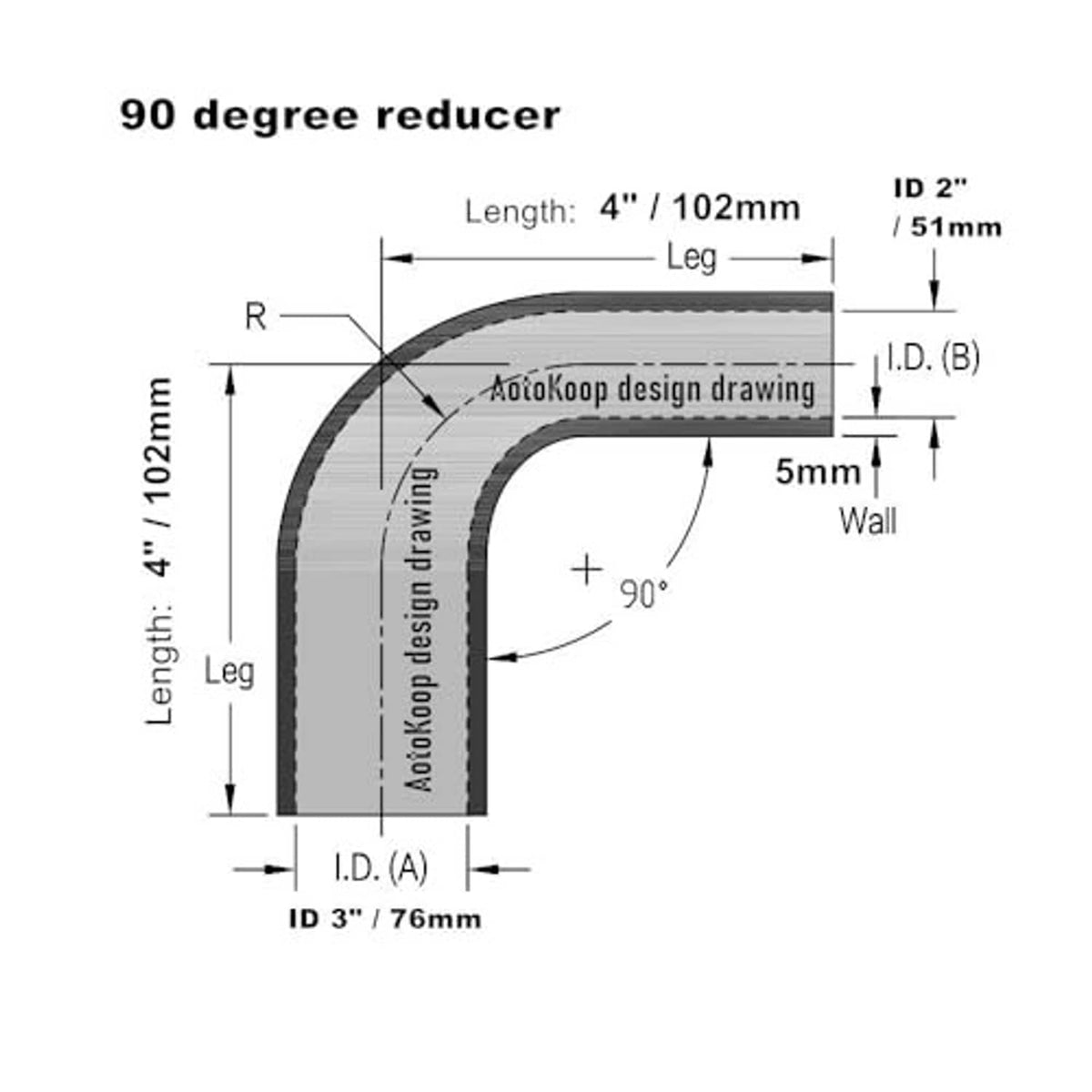 90-degree silicone reducer size diagram with leg length and inlet/outlet dimensions