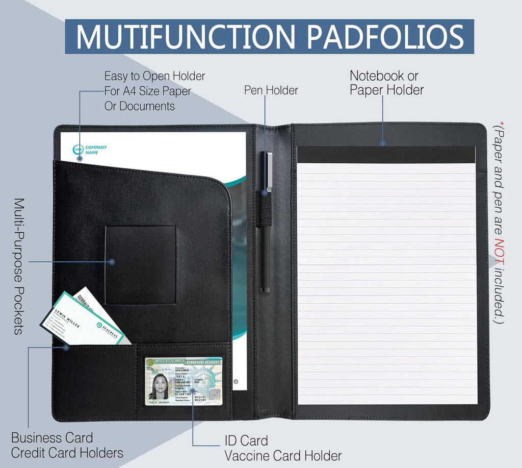 Black padfolio with notebook pages and card/ID pockets, open view