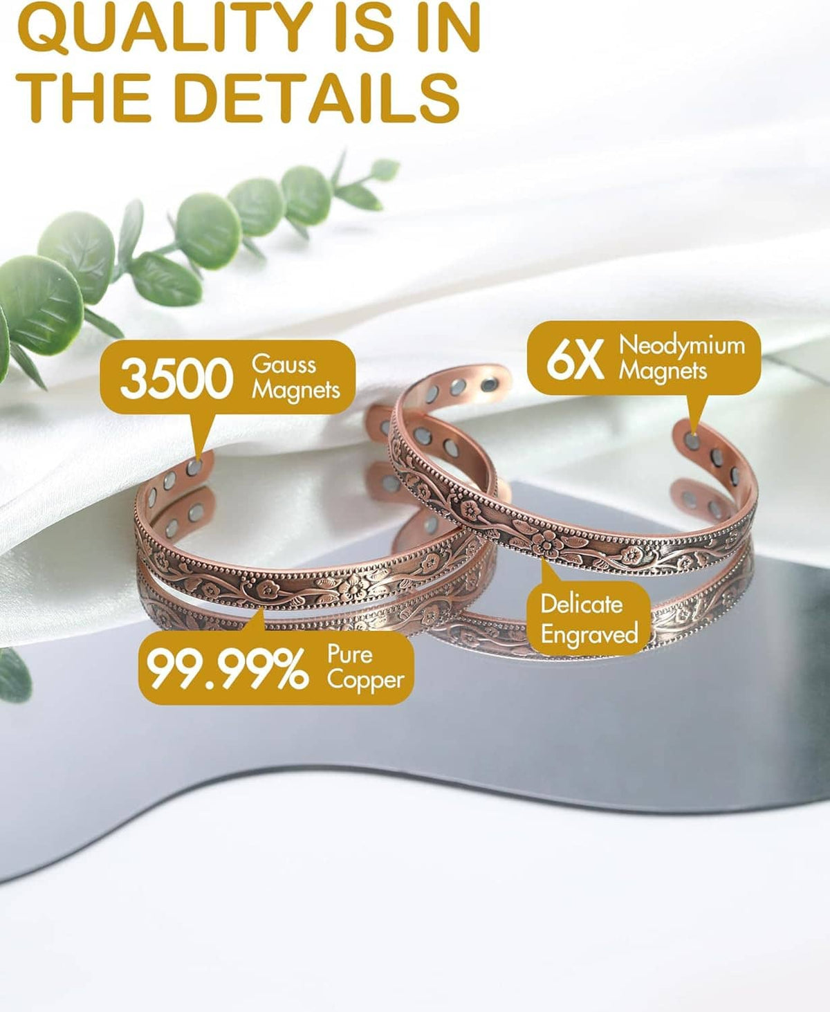 Pure copper magnetic bracelet with decorative engraving and magnet spec labels
