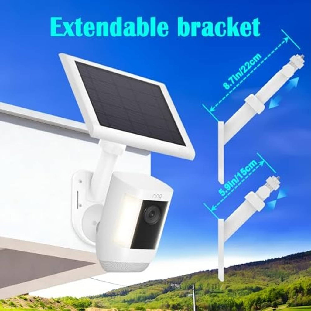 Extendable white pole-and-wall mount with solar panel and security camera