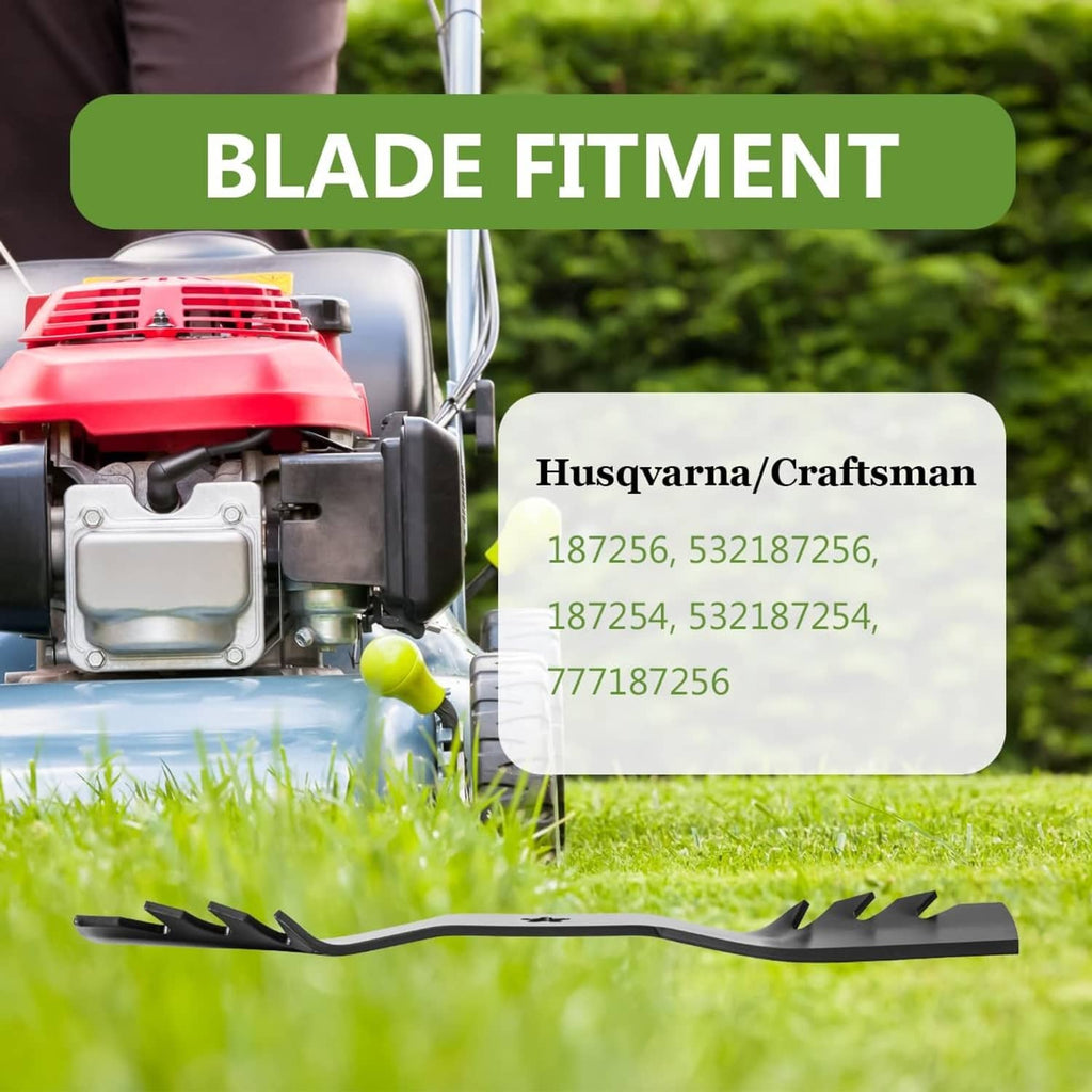 Mulching mower blade with 5-point star center hole and serrated cutting edges