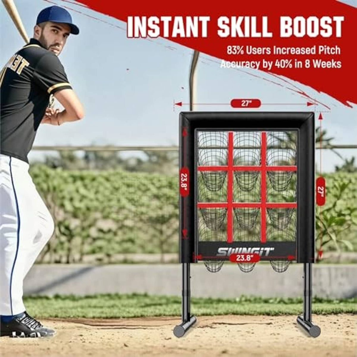 Black pitching strike-zone net with red grid, freestanding frame with height markers