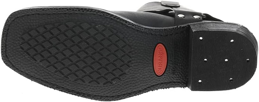 Women’s western harness boot outsole with textured tread and red logo patch on rubber bottom
