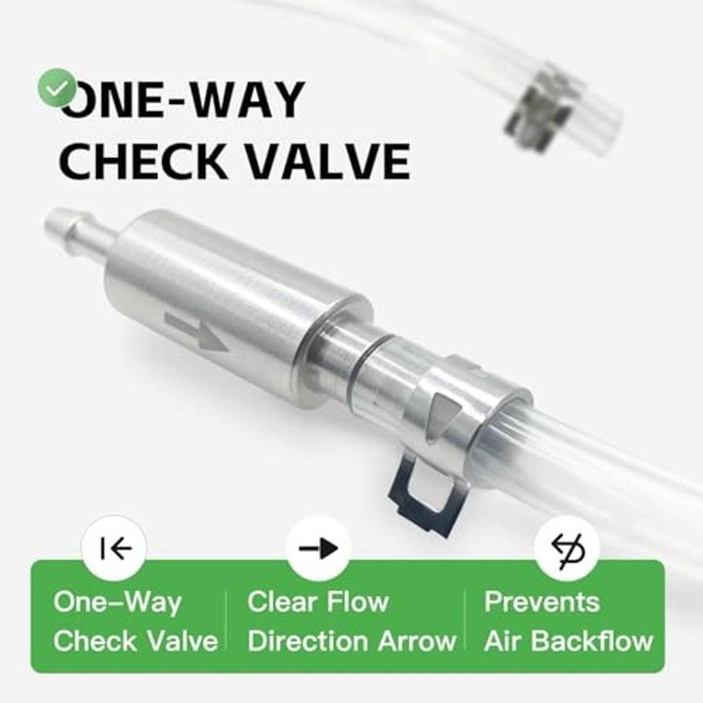 Brake bleeder one-way check valve tool on clear hose line, metal body