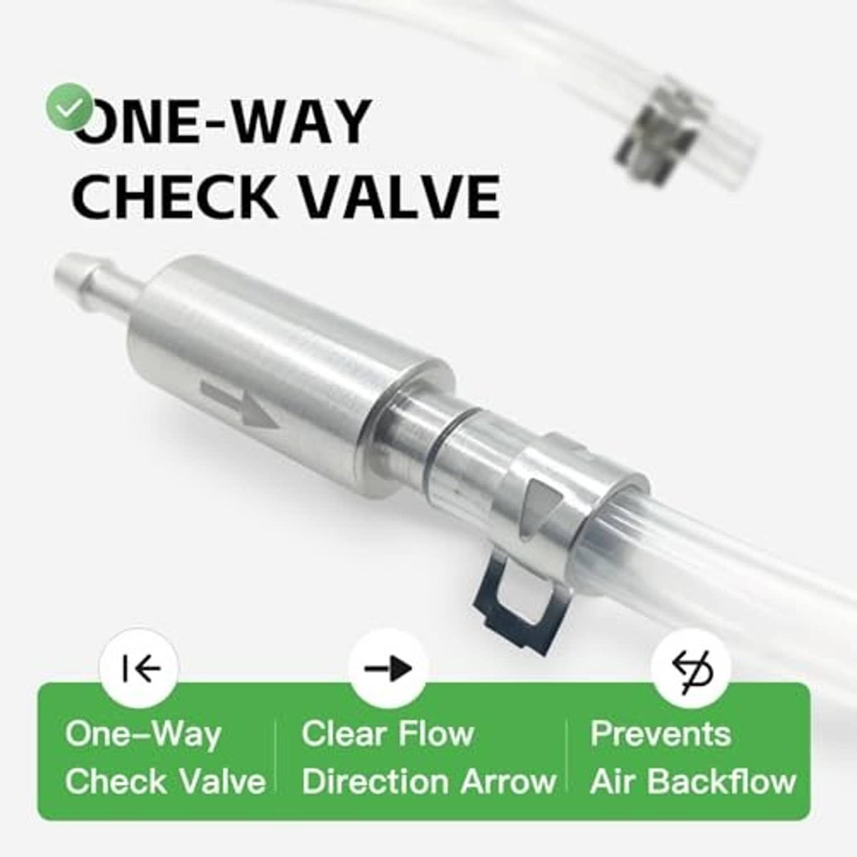 Brake bleeder one-way check valve tool on clear hose line, metal body
