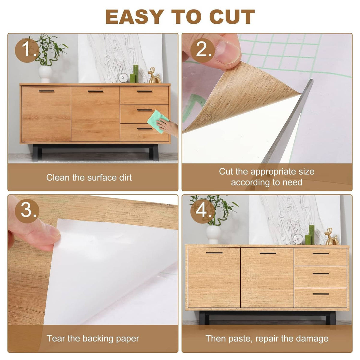 Teak wood grain self-adhesive repair tape being cut and applied to furniture