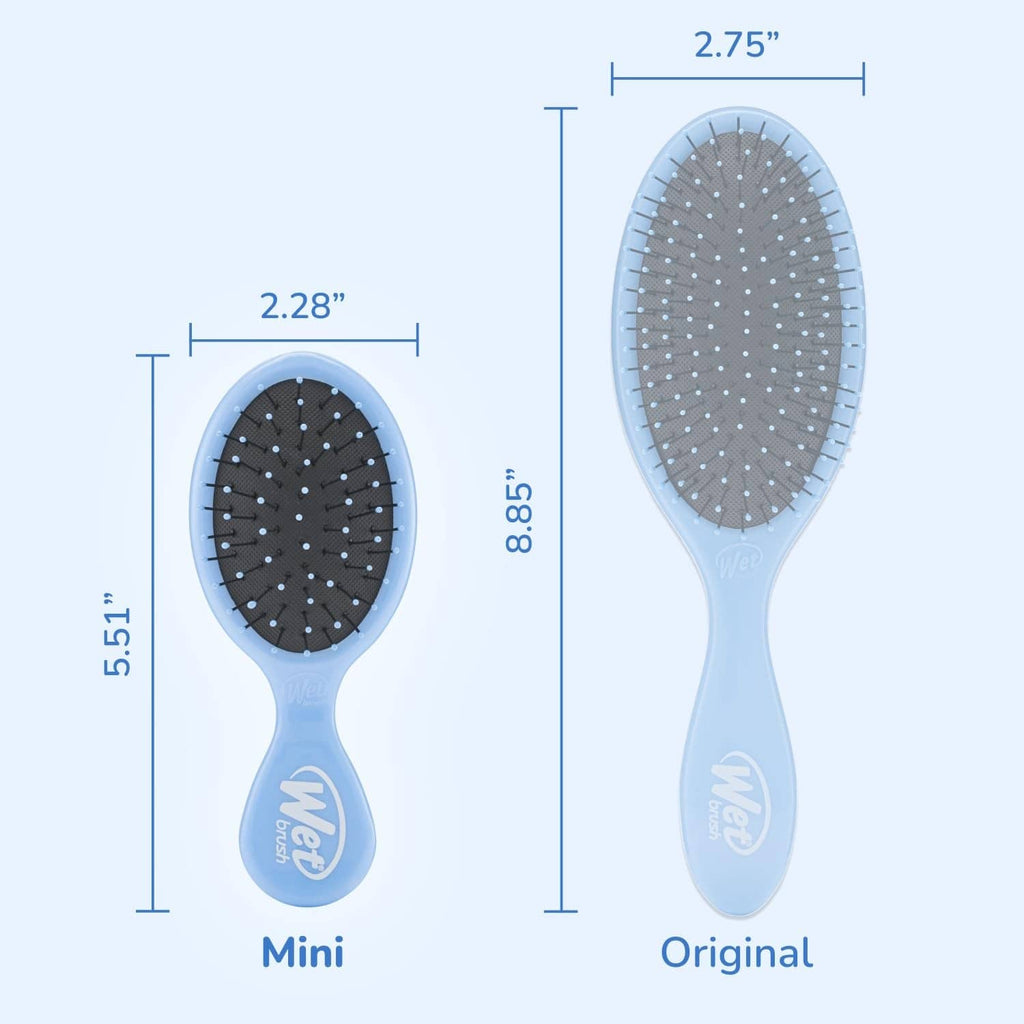 Mini and original detangling brush sizes shown, oval heads with pin bristles
