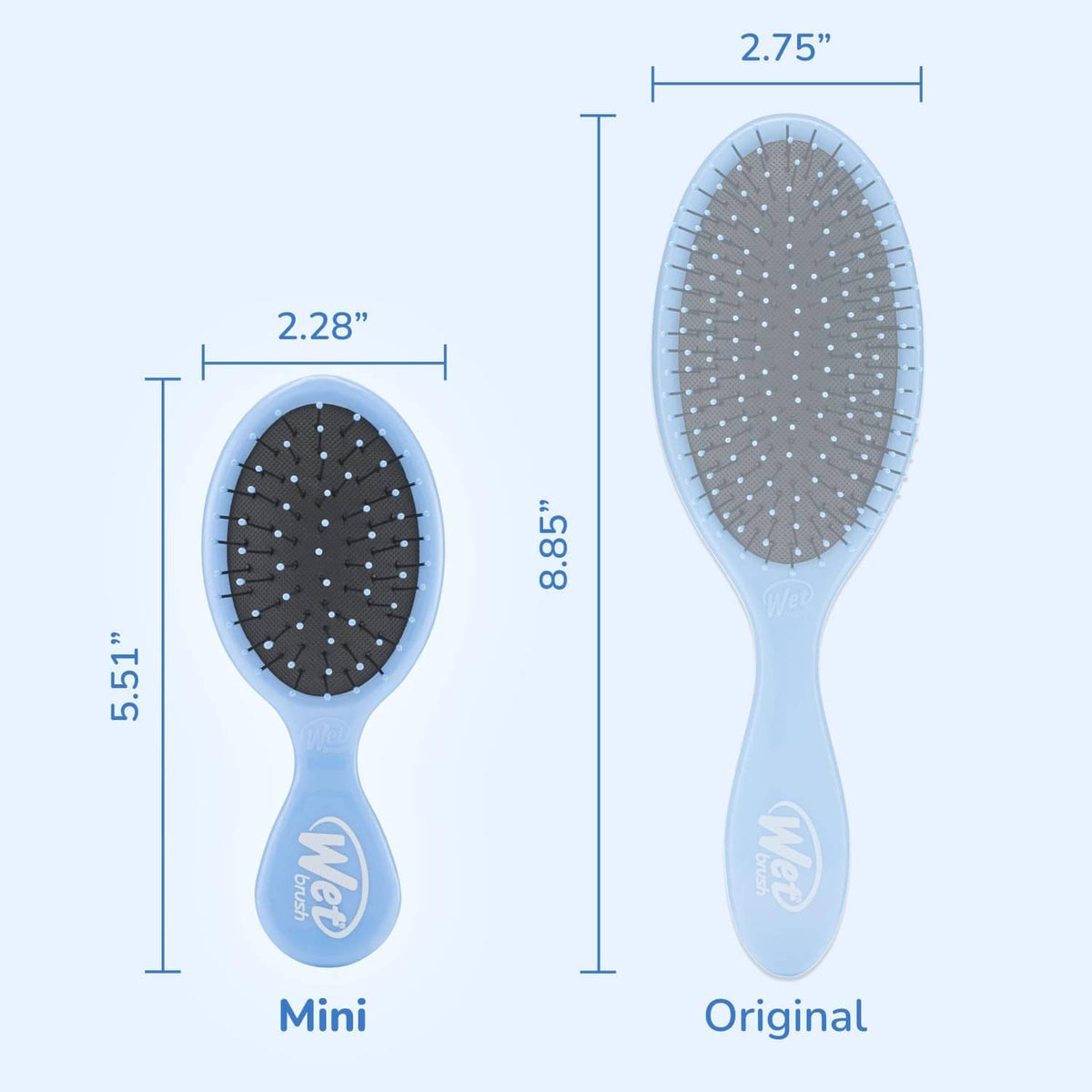 Mini and original detangling brush sizes shown, oval heads with pin bristles