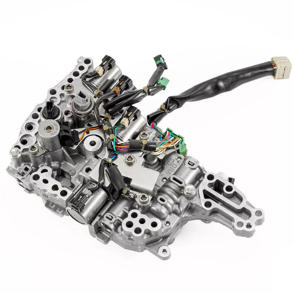 CVT transmission control valve body with solenoids, angled view with wiring connectors attached