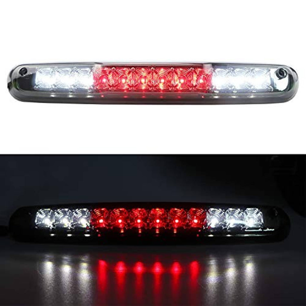 Third brake light with chrome housing and smoked lens, red LEDs illuminated.