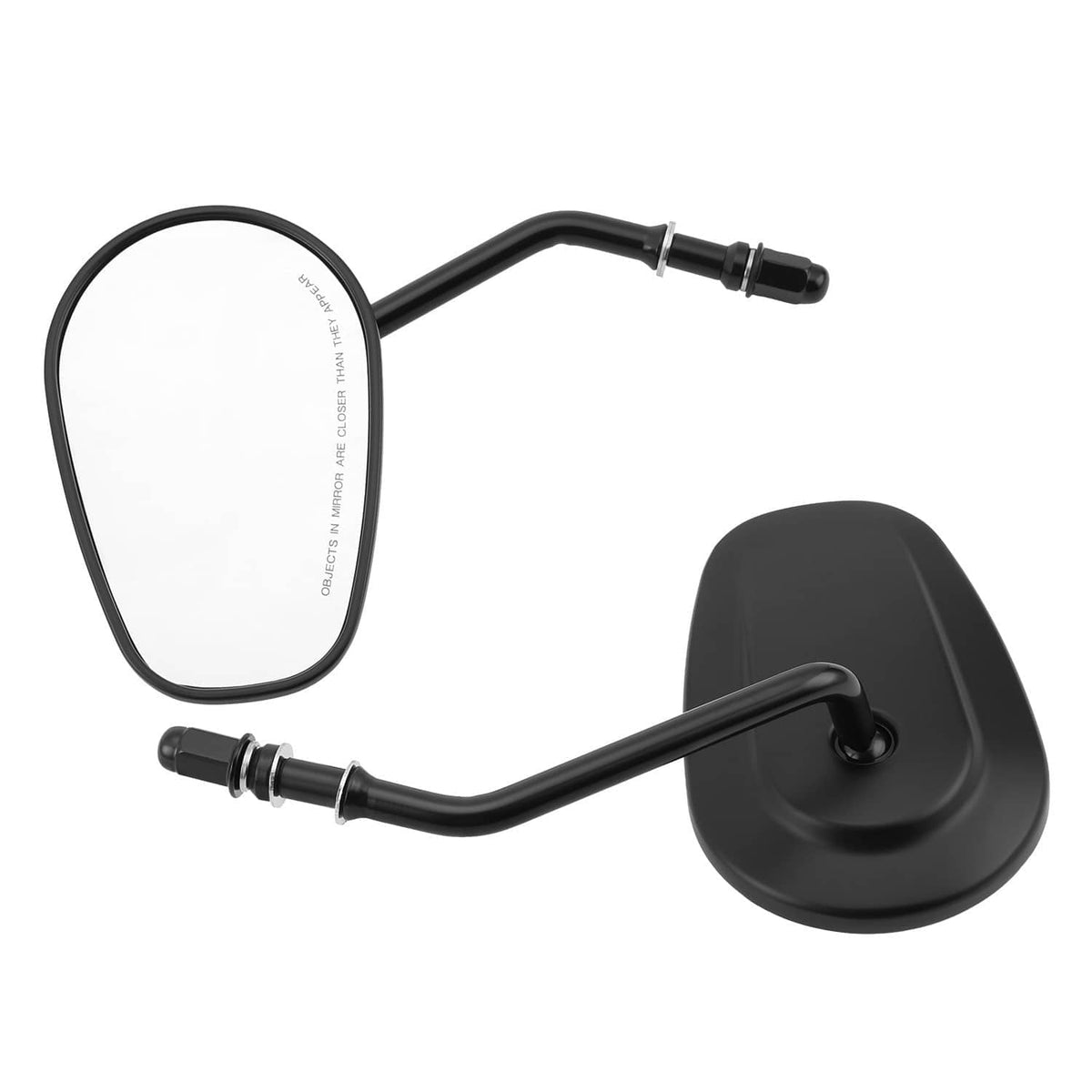 Black rearview mirrors with oval glass, curved stems, and round base mount