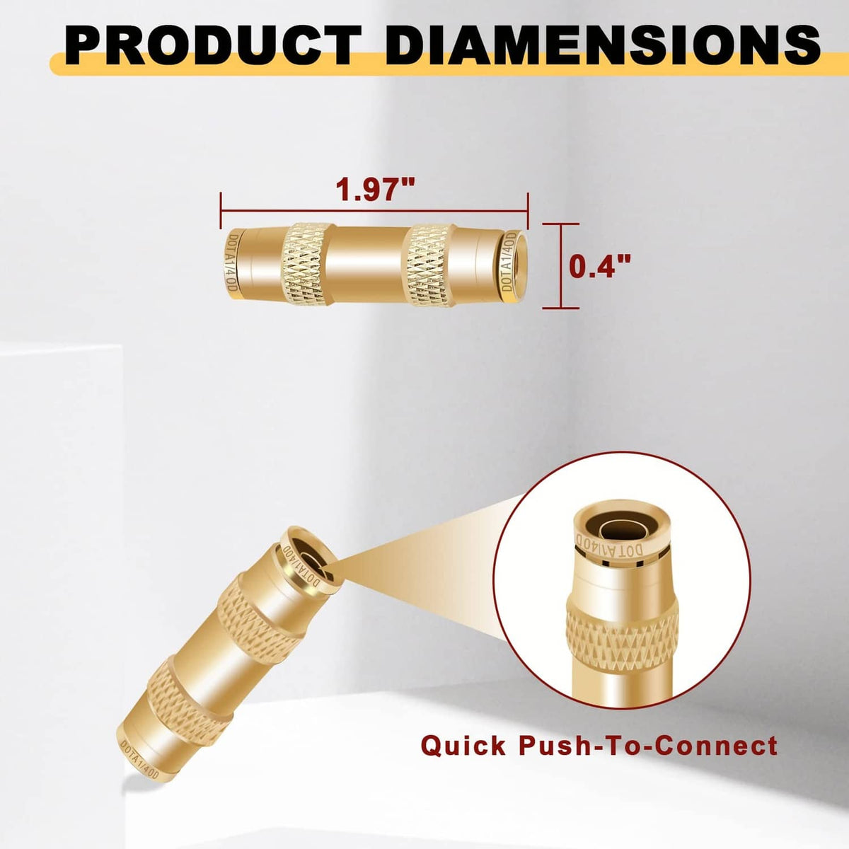 Brass straight push-to-connect air line fitting with length and height measurements