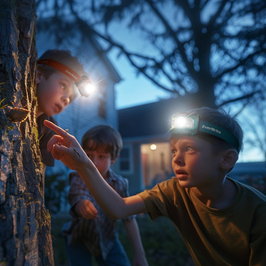 Kids headlamp on orange strap with bright white LED beam near tree trunks.