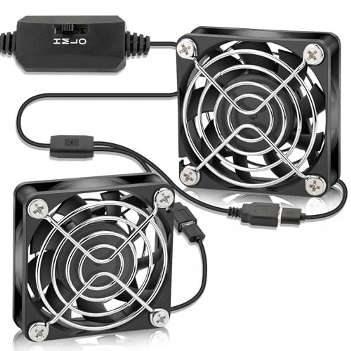 USB brushless case fan pair with black frames, silver blades, and USB connectors