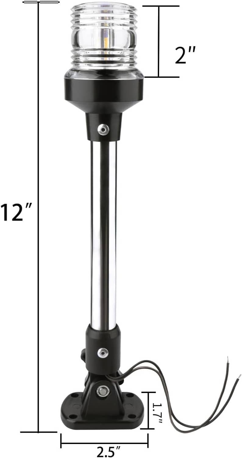 12-inch LED anchor light with clear lens, chrome pole, and black base