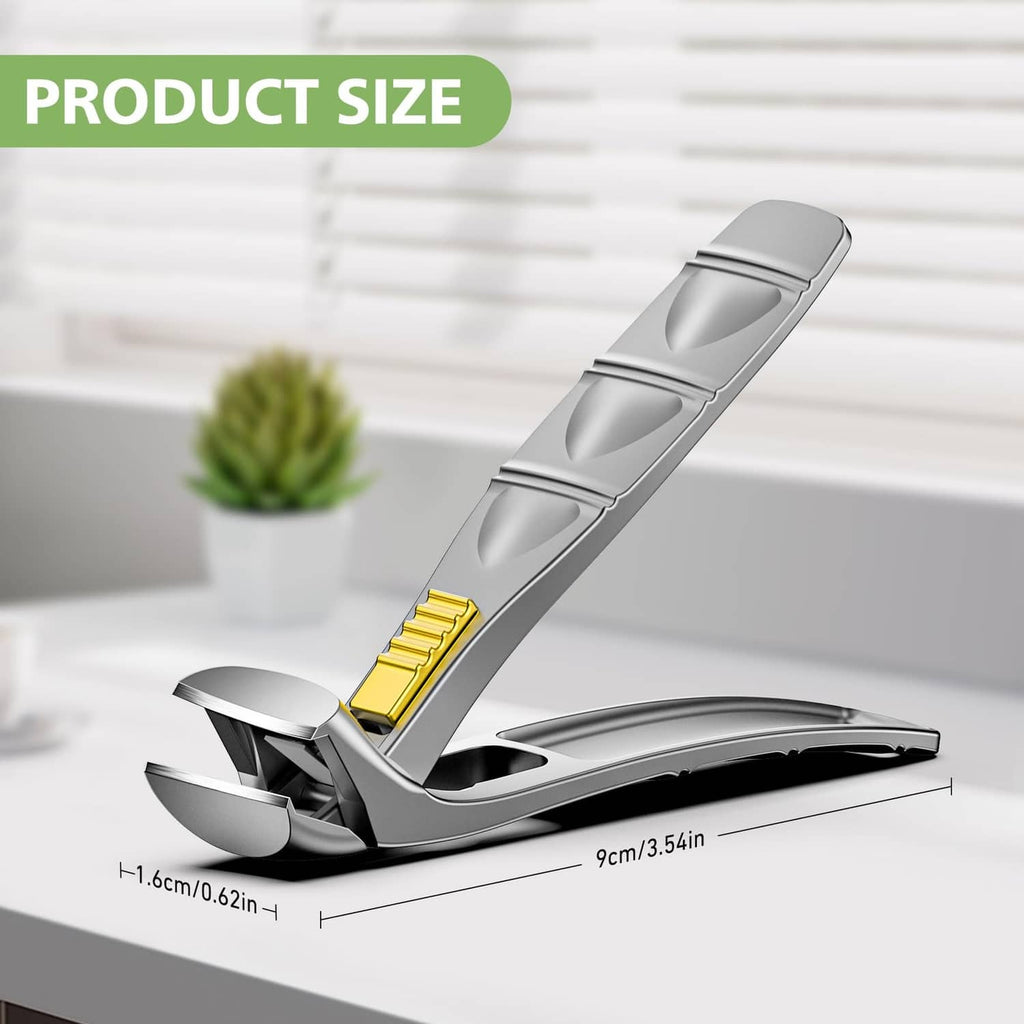Silver toenail clipper with long handle and yellow spring, wide jaw head