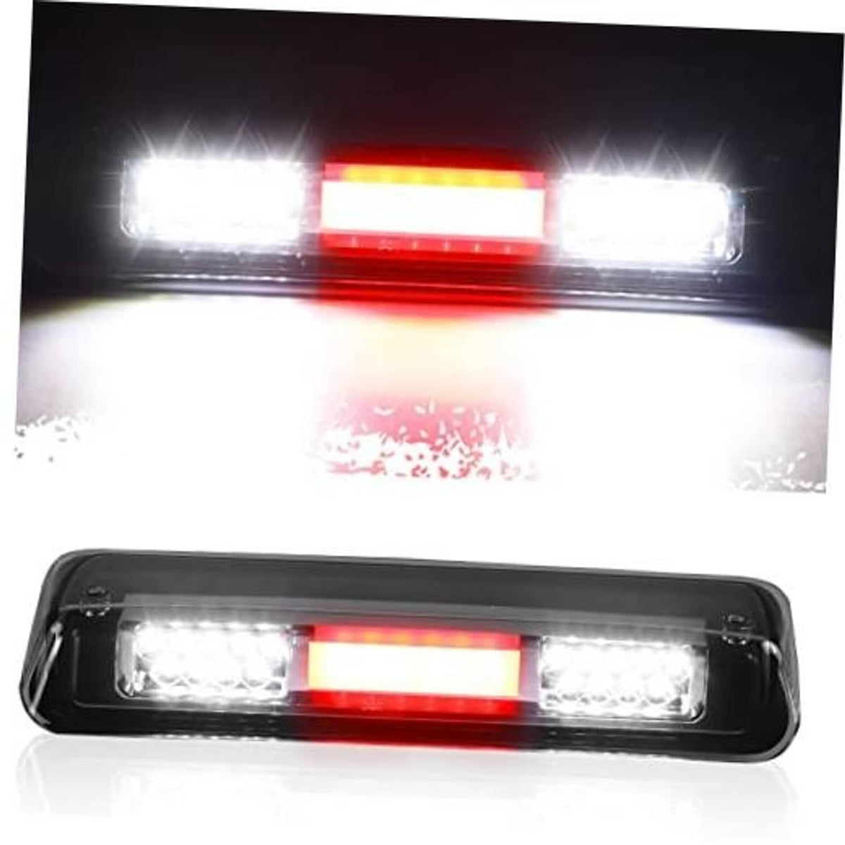 Black third brake cargo light with red center bar and bright white LED side lights