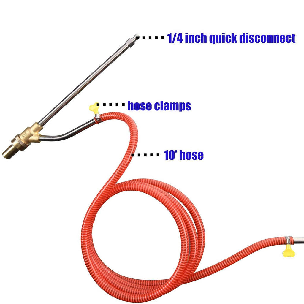 Red braided hose set with brass quick-disconnect fitting and hose clamps