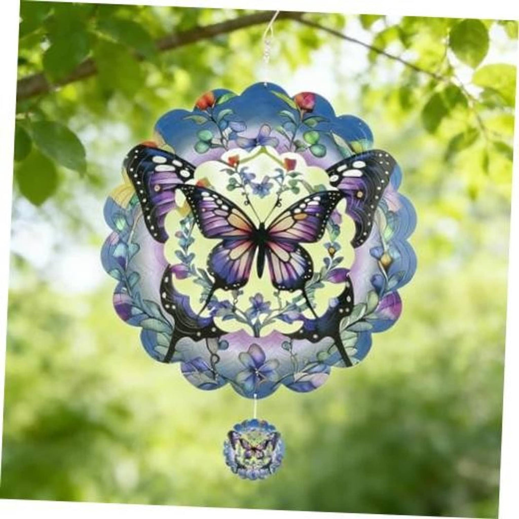 Butterfly 3D wind spinner with blue floral circular design and dangling ornament